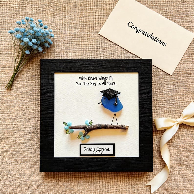 Personalized Sea Glass Graduation Frame, Class of 2026 Keepsake, Handmade Bird Art