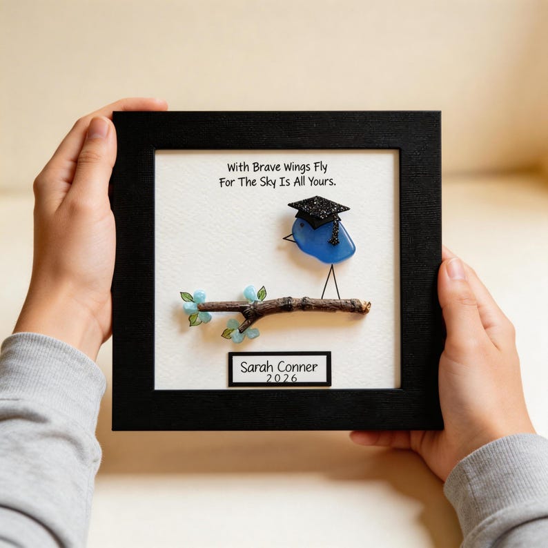 Personalized Sea Glass Graduation Frame, Class of 2026 Keepsake, Handmade Bird Art