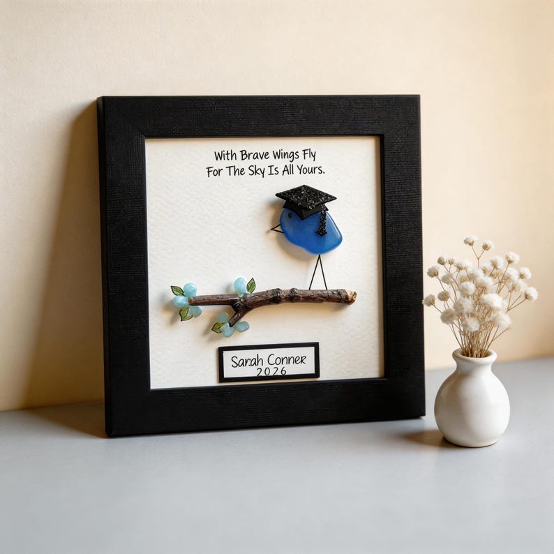 Personalized Sea Glass Graduation Frame, Class of 2026 Keepsake, Handmade Bird Art