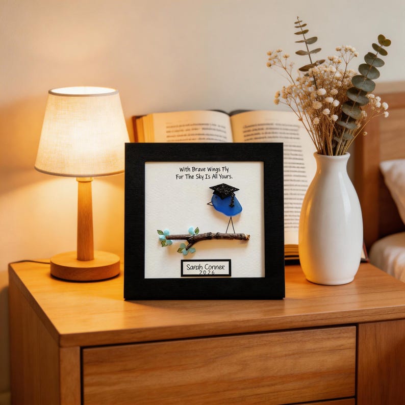 Personalized Sea Glass Graduation Frame, Class of 2026 Keepsake, Handmade Bird Art