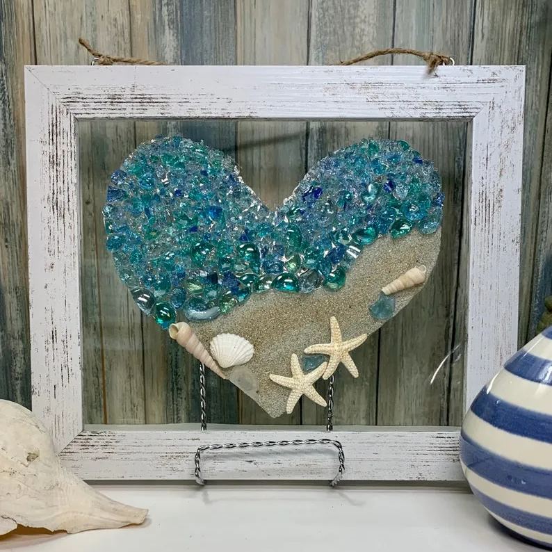Coastal Sea Glass Art Valentines Gift, 10x12” Seashells, Starfish, Cracked Glass, Shabby Chic Beach Wood Frame