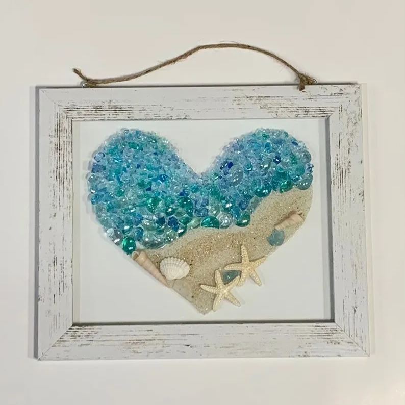 Coastal Sea Glass Art Valentines Gift, 10x12” Seashells, Starfish, Cracked Glass, Shabby Chic Beach Wood Frame