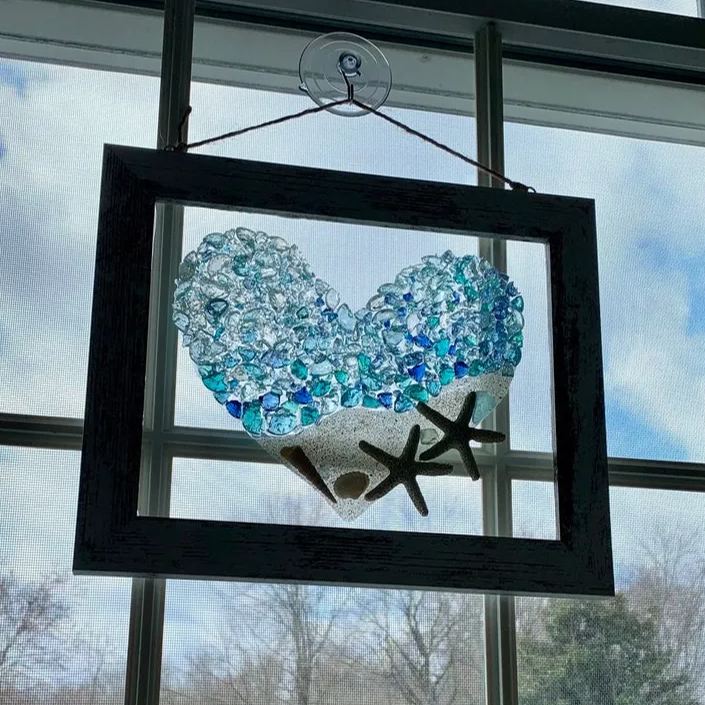Coastal Sea Glass Art Valentines Gift, 10x12” Seashells, Starfish, Cracked Glass, Shabby Chic Beach Wood Frame