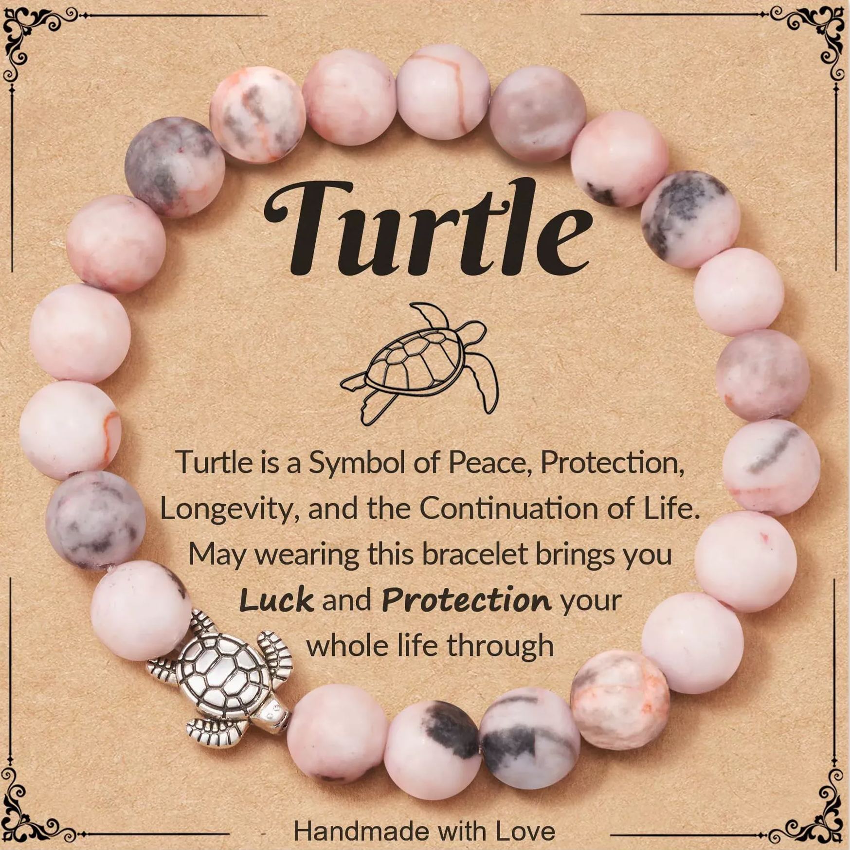 Turtle Gifts for Women - Pink Zebra/Turquoise Stone Turtle Charm Bracelet