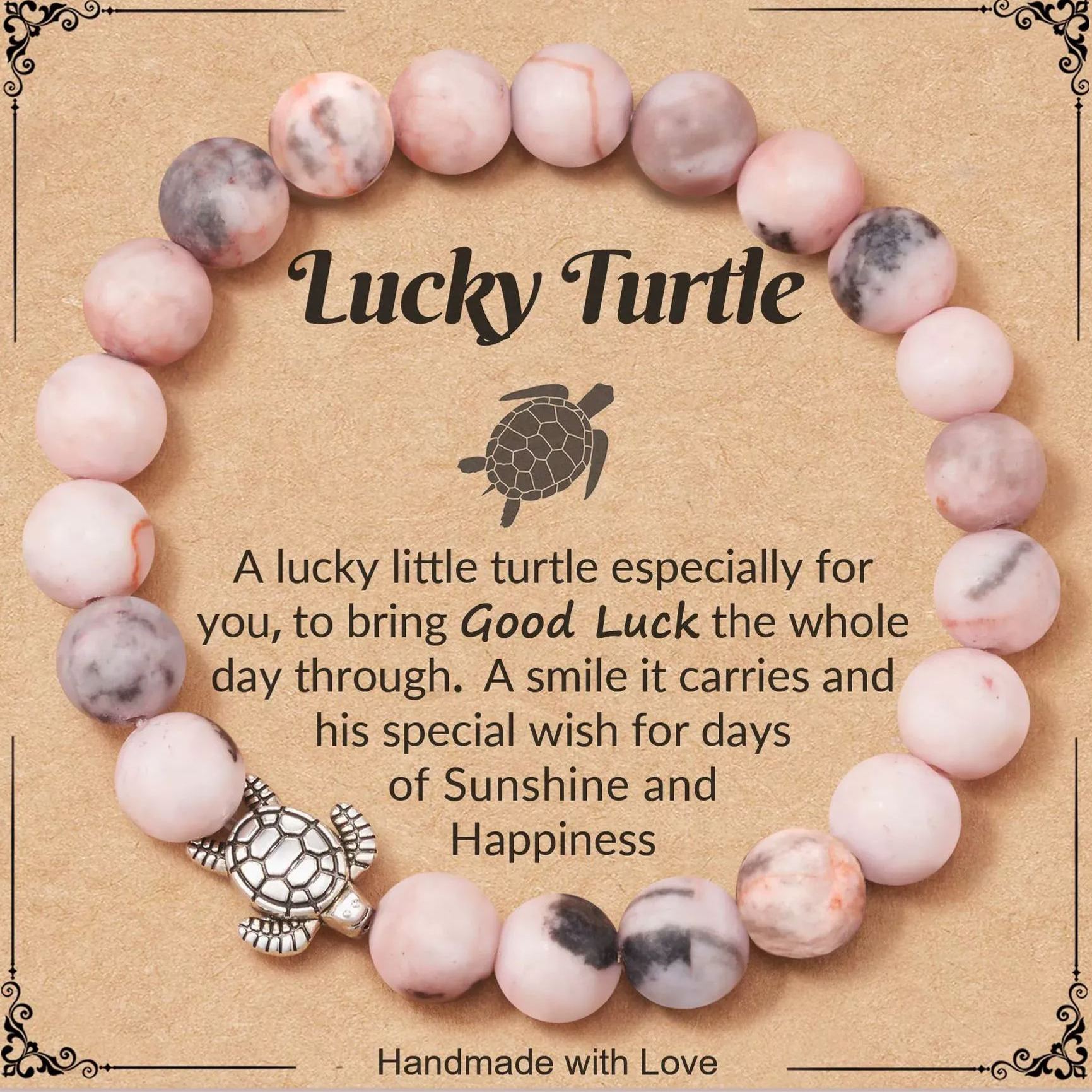 Turtle Gifts for Women - Pink Zebra/Turquoise Stone Turtle Charm Bracelet