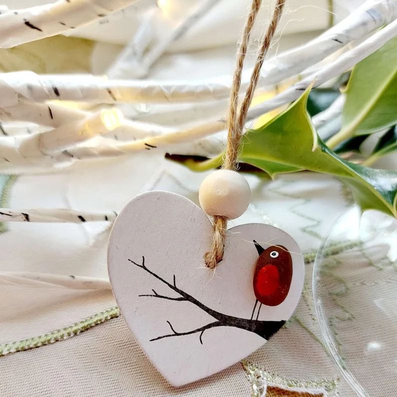 Sea Glass Robin Heart Decoration - Beach Glass Ornament on a Mini Wooden Heart, Gift Tag Idea, Sentimental Gift, Bereavement Gift