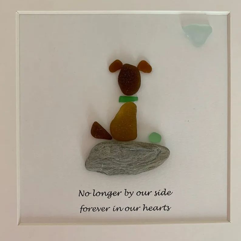 Cornish sea glass and pebble art. No longer by our side forever in our hearts dog sea glass. Frame size 8x8”. Original handmade art work