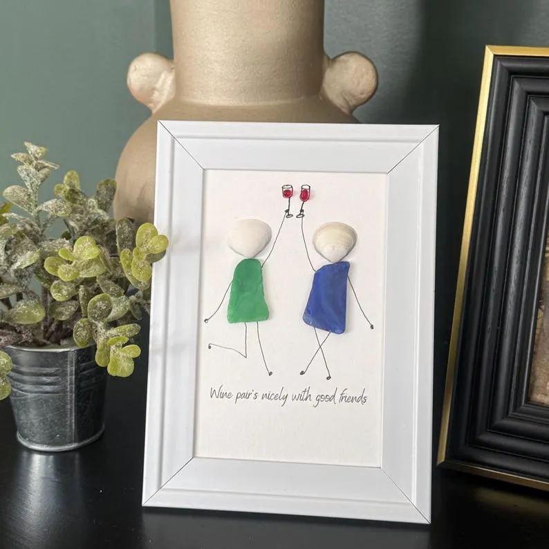 Wine Pairs Nice With Girlfriends, Sea Glass Framed Art, Beach Decor, Bar Decor, Housewarming, Christmas, Best Friend, Sister, Wine Lovers