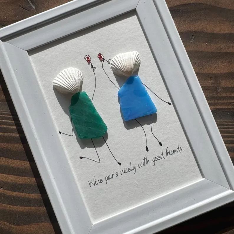 Wine Pairs Nice With Girlfriends, Sea Glass Framed Art, Beach Decor, Bar Decor, Housewarming, Christmas, Best Friend, Sister, Wine Lovers