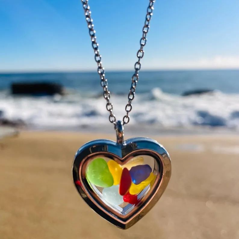 Sea glass locket necklace. Unisex Beach glass pendant. Be glass jewelry.