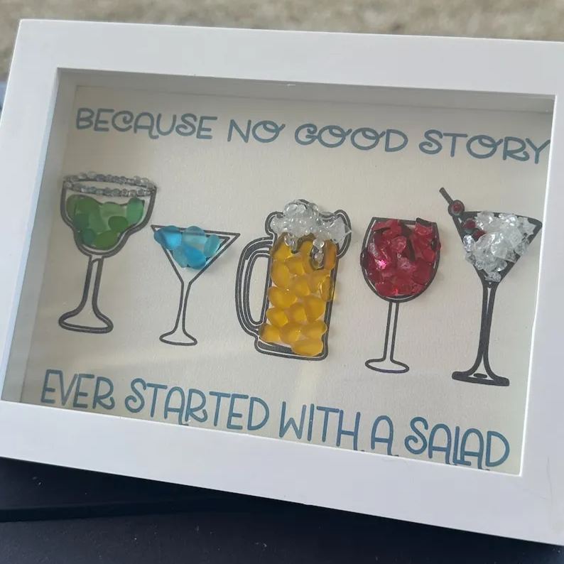 Sea Glsss Art. Happy Hour Cocktails - Framed Nautical Beach House Decor. Bar Decor. Drinks on the beach. Cocktail lover gift. Ready to hang.