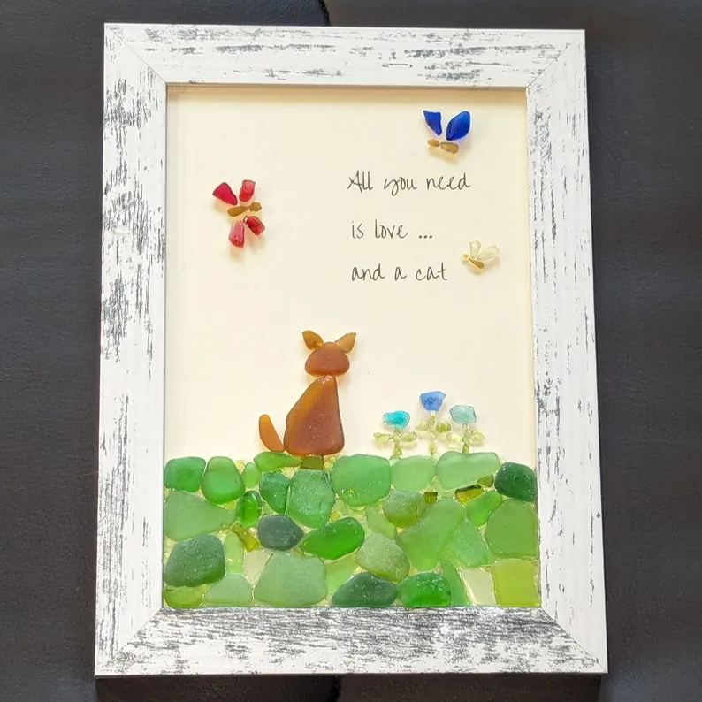 Sea Glass Art, All You Need Is Love And A Cat, 5 x 7 Framed, Handmade, Ocean Wall Art, Beach Art, Unique Gift for Cat Lovers, Made to Order