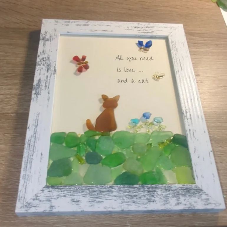 Sea Glass Art, All You Need Is Love And A Cat, 5 x 7 Framed, Handmade, Ocean Wall Art, Beach Art, Unique Gift for Cat Lovers, Made to Order