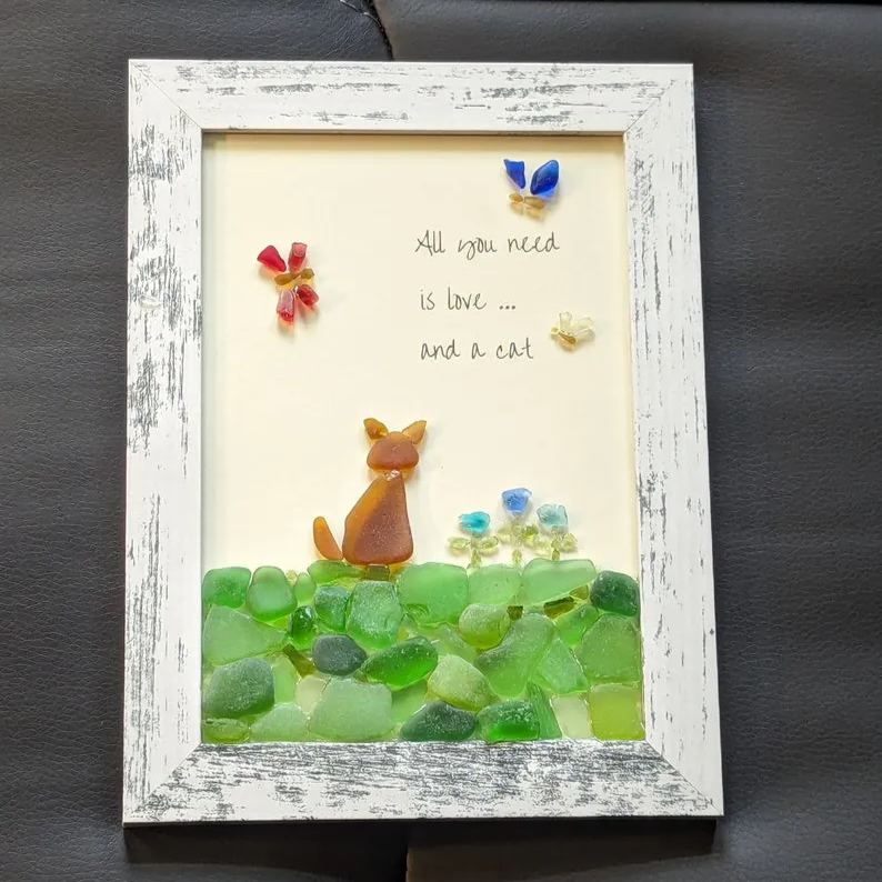 Sea Glass Art, All You Need Is Love And A Cat, 5 x 7 Framed, Handmade, Ocean Wall Art, Beach Art, Unique Gift for Cat Lovers, Made to Order