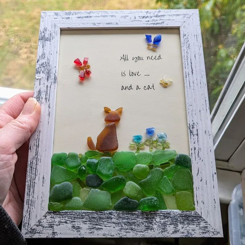 Sea Glass Art, All You Need Is Love And A Cat, 5 x 7 Framed, Handmade, Ocean Wall Art, Beach Art, Unique Gift for Cat Lovers, Made to Order