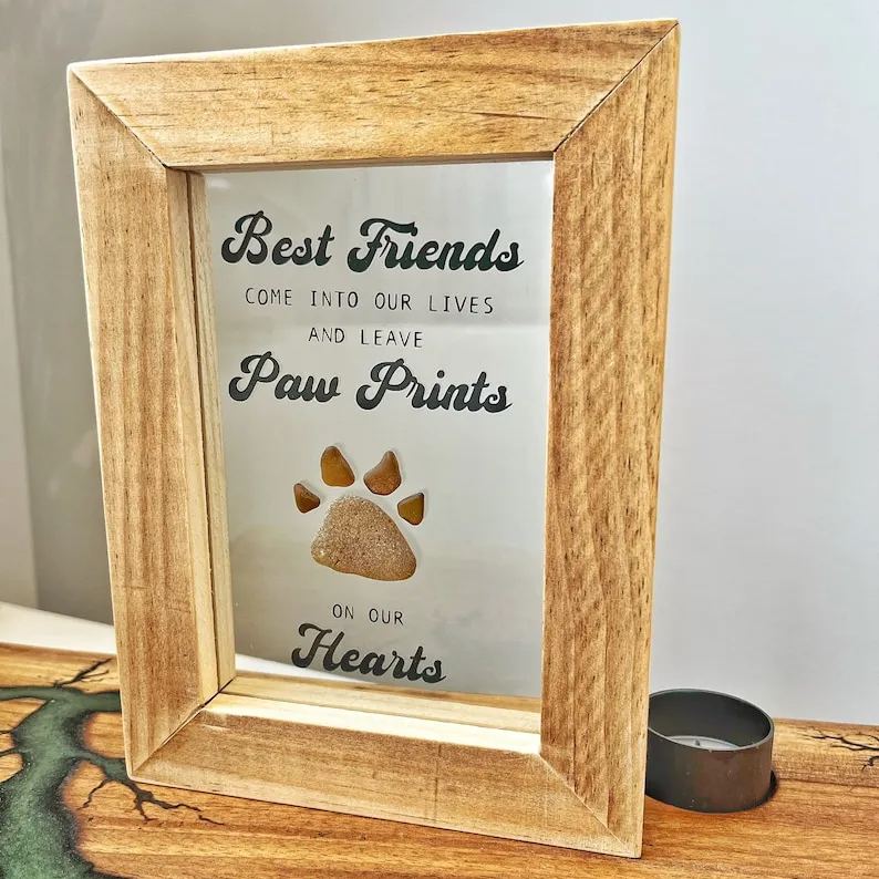 Paw-fect Pet Paw Print, Beach Glass Art, FRAMED