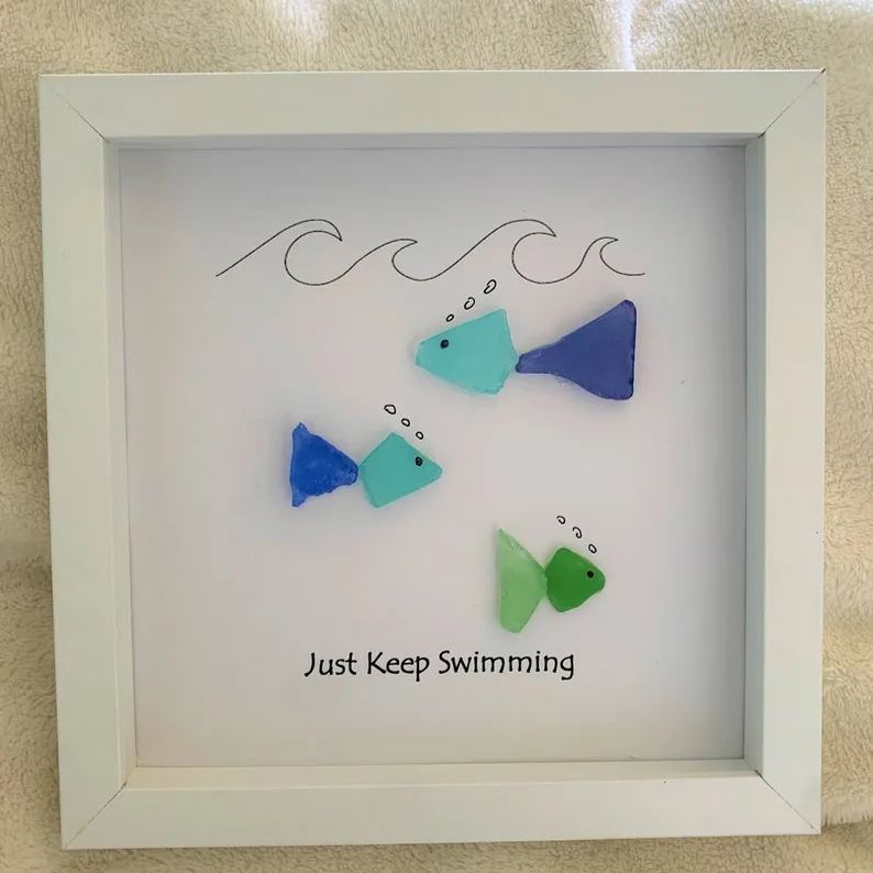 Just Keep Swimming/Sea Glass/Beach Art/Fish/Inspirational/Fishing/LARGE Fish/Best Friend/Gift/BFF/Encouragement/Personalized Christmas Gift/