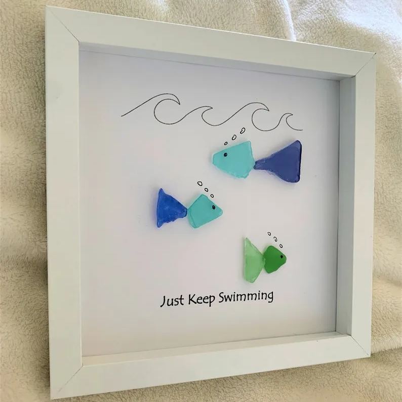 Just Keep Swimming/Sea Glass/Beach Art/Fish/Inspirational/Fishing/LARGE Fish/Best Friend/Gift/BFF/Encouragement/Personalized Christmas Gift/