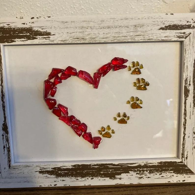 Red Heart With Paw Prints Sea Glass Art