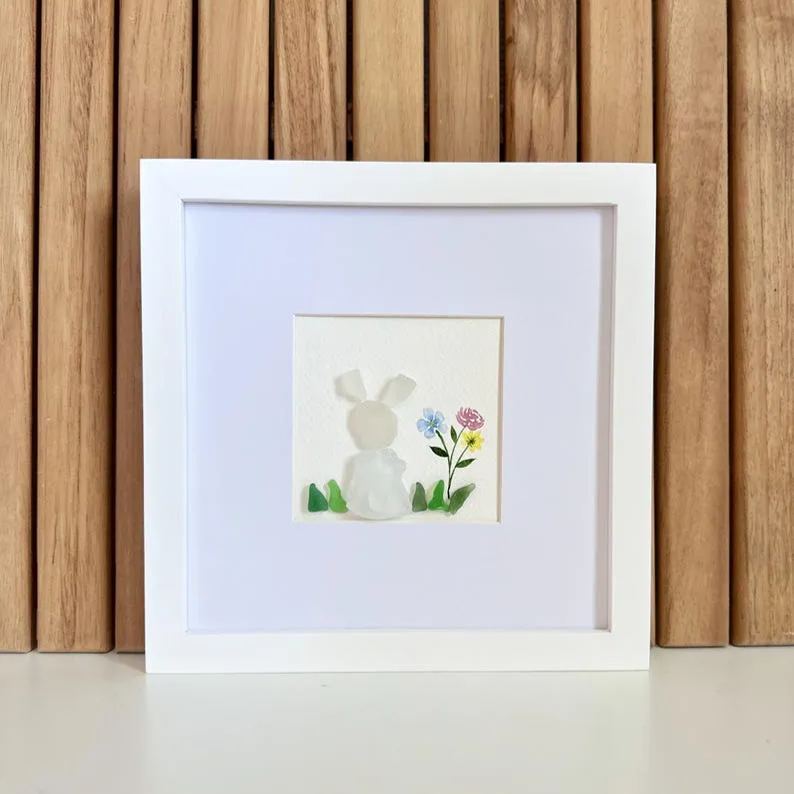 Spring Sea Glass Bunny Art – Framed Easter Decoration – 8x8  – Handmade Nature-Inspired Wall Art | Easter Hostess Gift