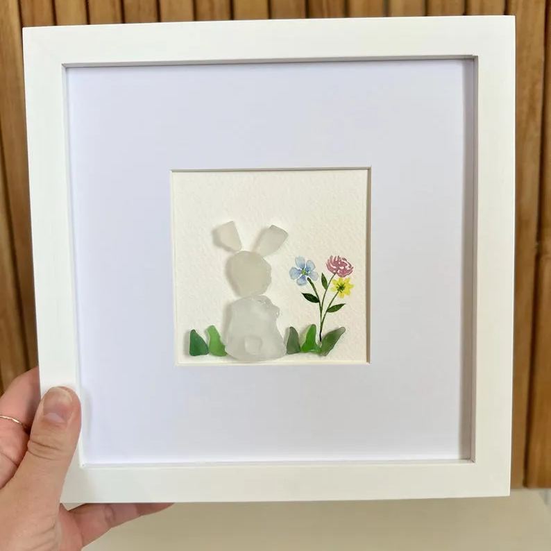 Spring Sea Glass Bunny Art – Framed Easter Decoration – 8x8  – Handmade Nature-Inspired Wall Art | Easter Hostess Gift
