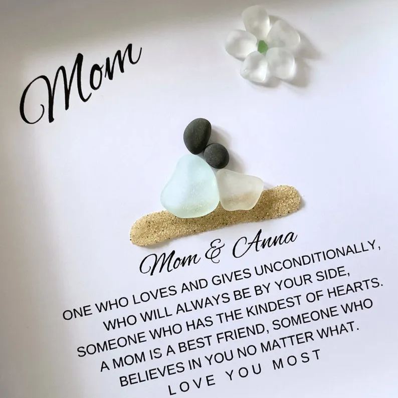 Mom Personalized Birthday Gift for Mom Gifts from Daughter Pebble Art Sea Glass Unique Mother & Daughter Handmade Mom Gift from Kids Mommy