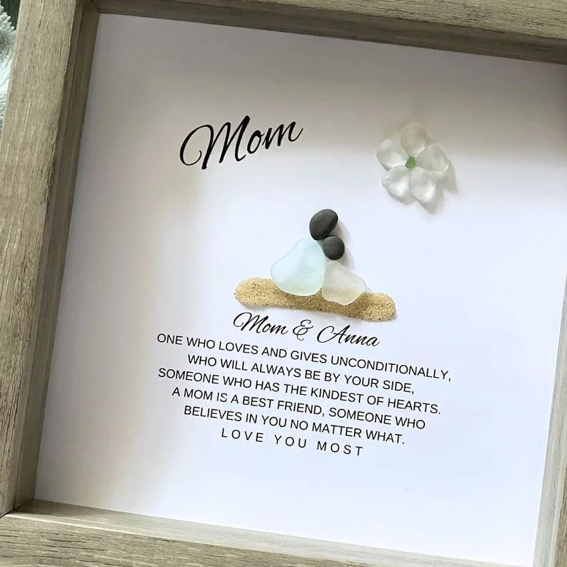 Mom Personalized Birthday Gift for Mom Gifts from Daughter Pebble Art Sea Glass Unique Mother & Daughter Handmade Mom Gift from Kids Mommy