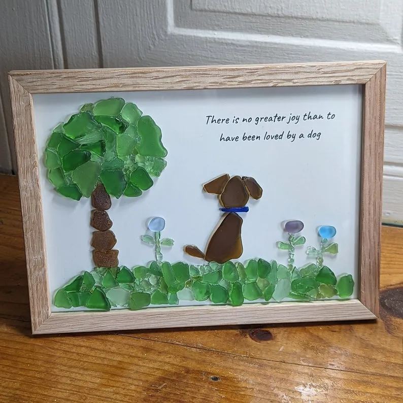 Sea Glass Art, Sea Glass Dog & Flowers, A Dogs Love, Customizable, Personalizable, Unique Gift for Dog Lovers, Memorial, Dog Bereavement