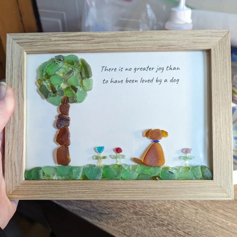 Sea Glass Art, Sea Glass Dog & Flowers, A Dogs Love, Customizable, Personalizable, Unique Gift for Dog Lovers, Memorial, Dog Bereavement