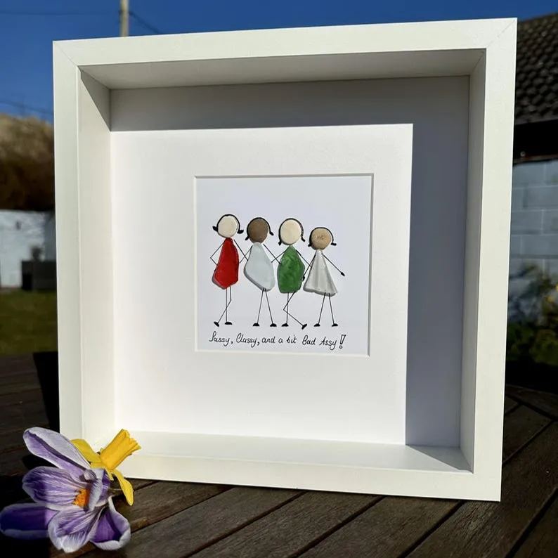 Personalised Sea Glass Friends Art – "Sassy, Classy And A Bit Bad Assy" – Custom Pebble Picture – Framed Gift for Best Friends & Women