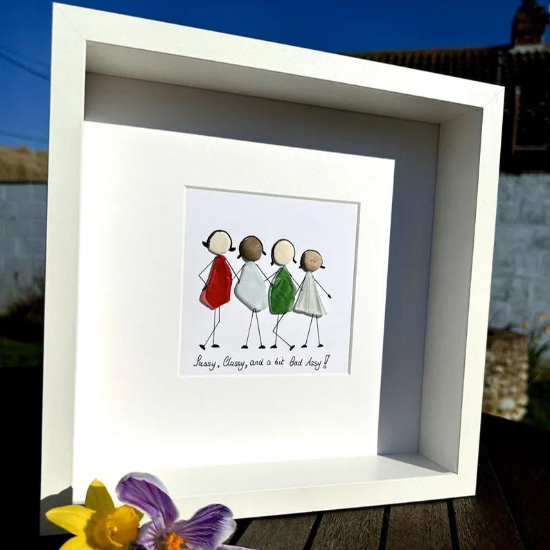 Personalised Sea Glass Friends Art – "Sassy, Classy And A Bit Bad Assy" – Custom Pebble Picture – Framed Gift for Best Friends & Women