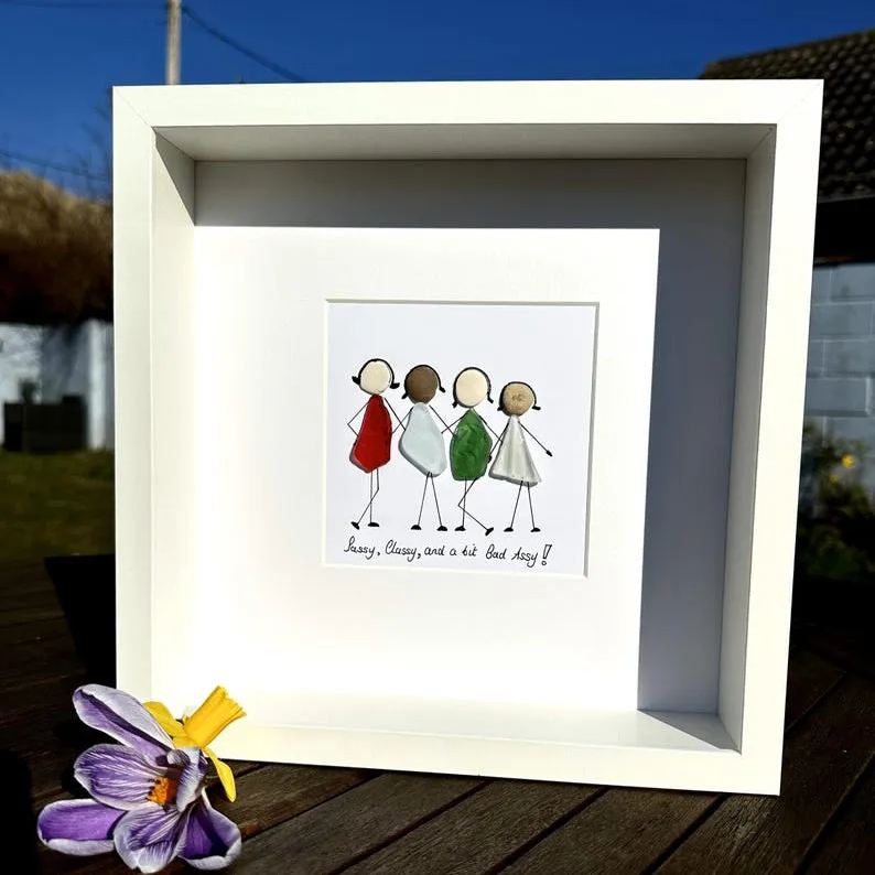 Personalised Sea Glass Friends Art – "Sassy, Classy And A Bit Bad Assy" – Custom Pebble Picture – Framed Gift for Best Friends & Women