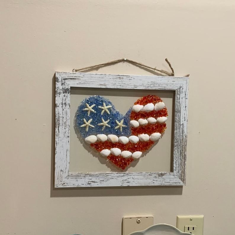 Heart American Flag Seashell Art - Flag Home Decor - Patriotic Gift - Flag Art - Beach House Decor - Framed Flag - Flag Home Decor