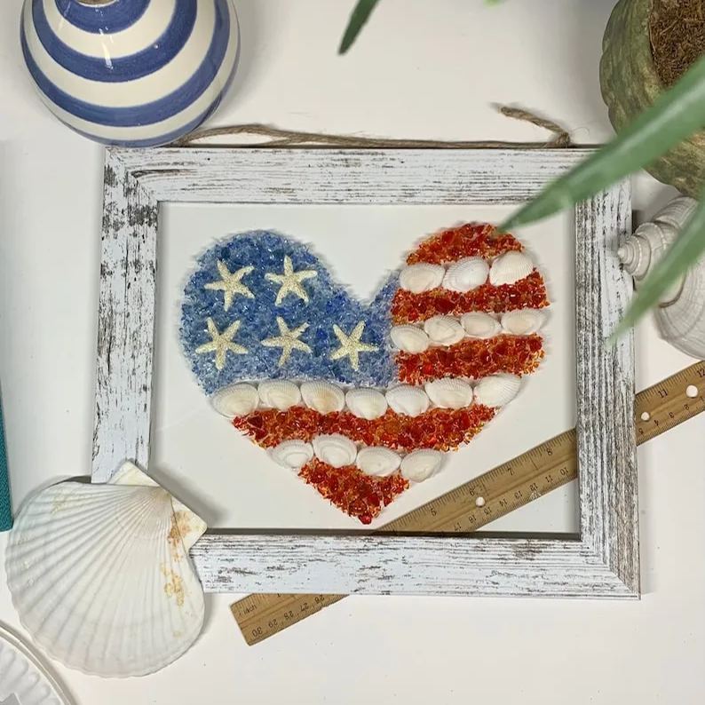 Heart American Flag Seashell Art - Flag Home Decor - Patriotic Gift - Flag Art - Beach House Decor - Framed Flag - Flag Home Decor
