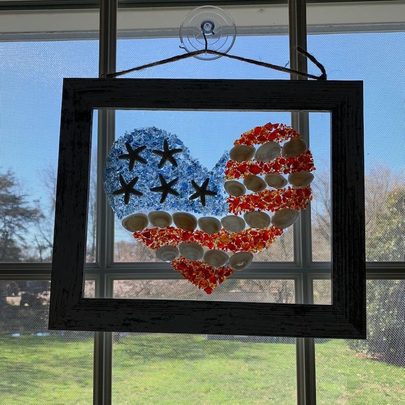 Heart American Flag Seashell Art - Flag Home Decor - Patriotic Gift - Flag Art - Beach House Decor - Framed Flag - Flag Home Decor