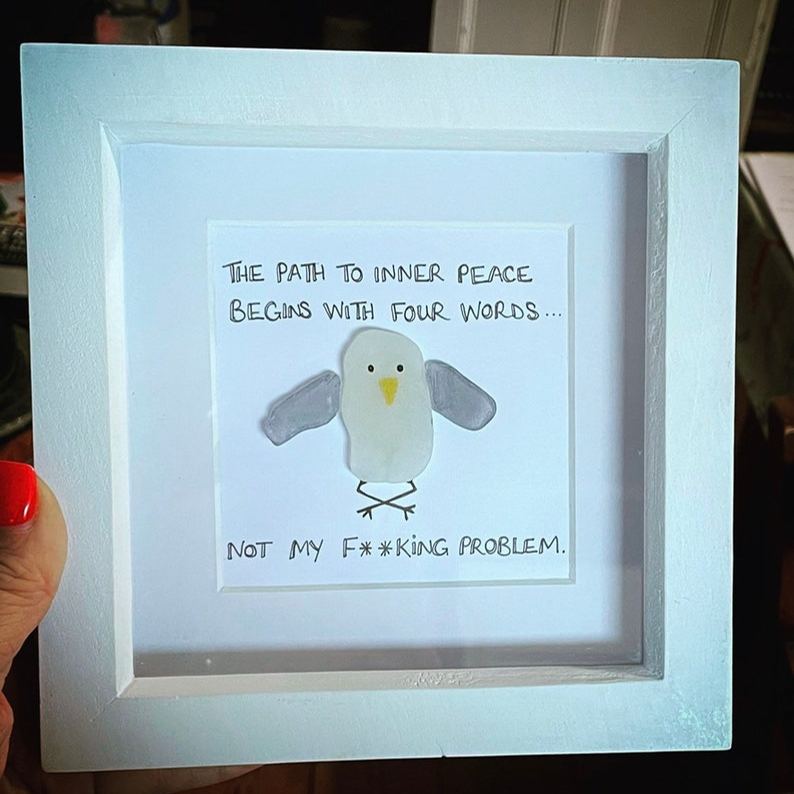 Sea Glass Art Path To Inner Peace Funny Quote Seagull Quirky Humorous Cornwall handmade frame