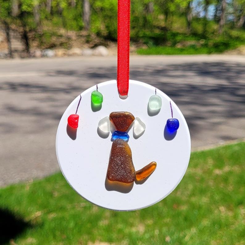 Genuine Amber Brown Seaglass Dog & Seaglass Holiday Sea Glass Ornament/Seaglass Dog Ornament/Dog Pebble Art/Seaglass Dog Art