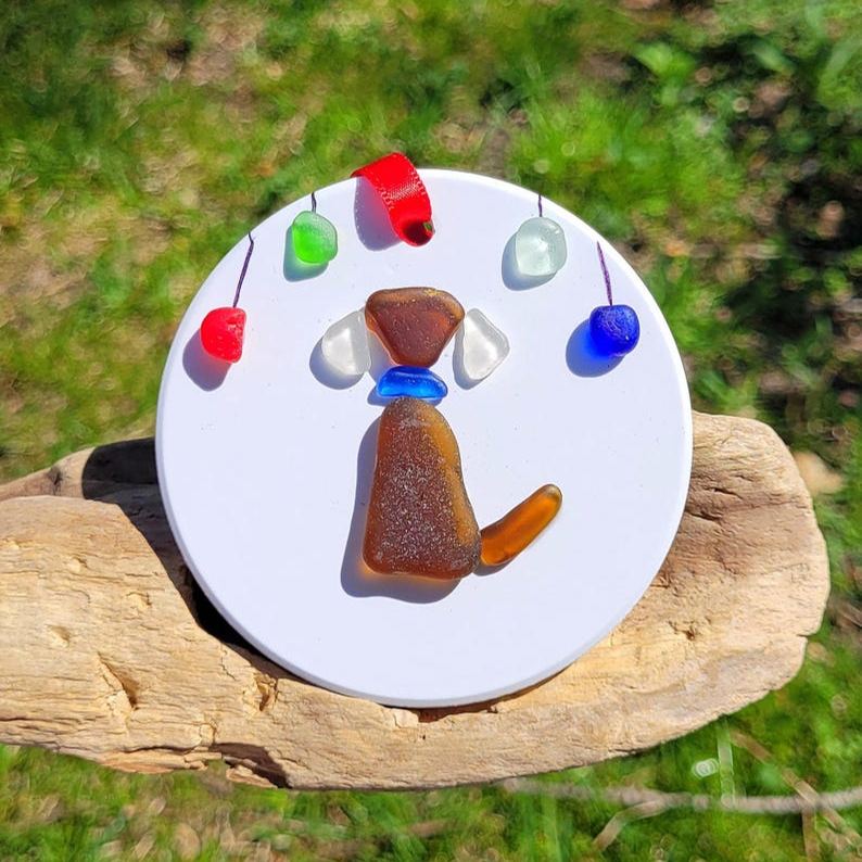 Genuine Amber Brown Seaglass Dog & Seaglass Holiday Sea Glass Ornament/Seaglass Dog Ornament/Dog Pebble Art/Seaglass Dog Art
