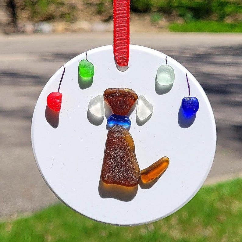 Genuine Amber Brown Seaglass Dog & Seaglass Holiday Sea Glass Ornament/Seaglass Dog Ornament/Dog Pebble Art/Seaglass Dog Art