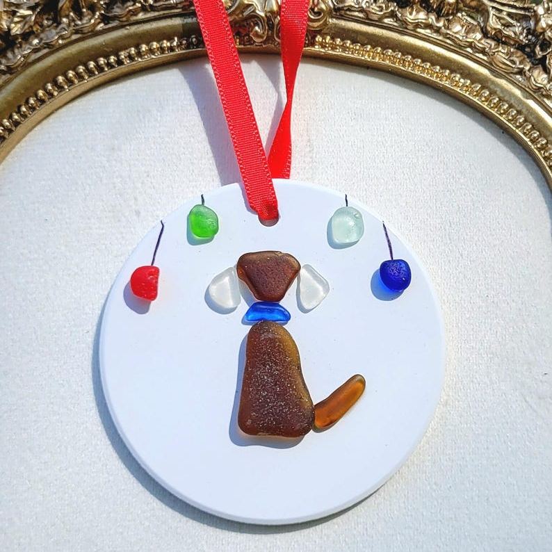 Genuine Amber Brown Seaglass Dog & Seaglass Holiday Sea Glass Ornament/Seaglass Dog Ornament/Dog Pebble Art/Seaglass Dog Art