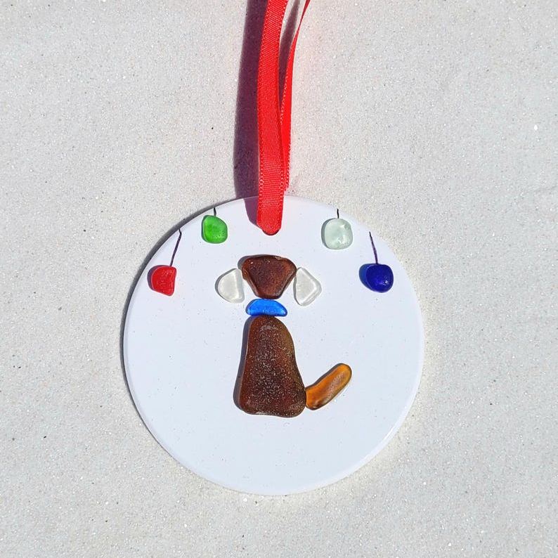 Genuine Amber Brown Seaglass Dog & Seaglass Holiday Sea Glass Ornament/Seaglass Dog Ornament/Dog Pebble Art/Seaglass Dog Art