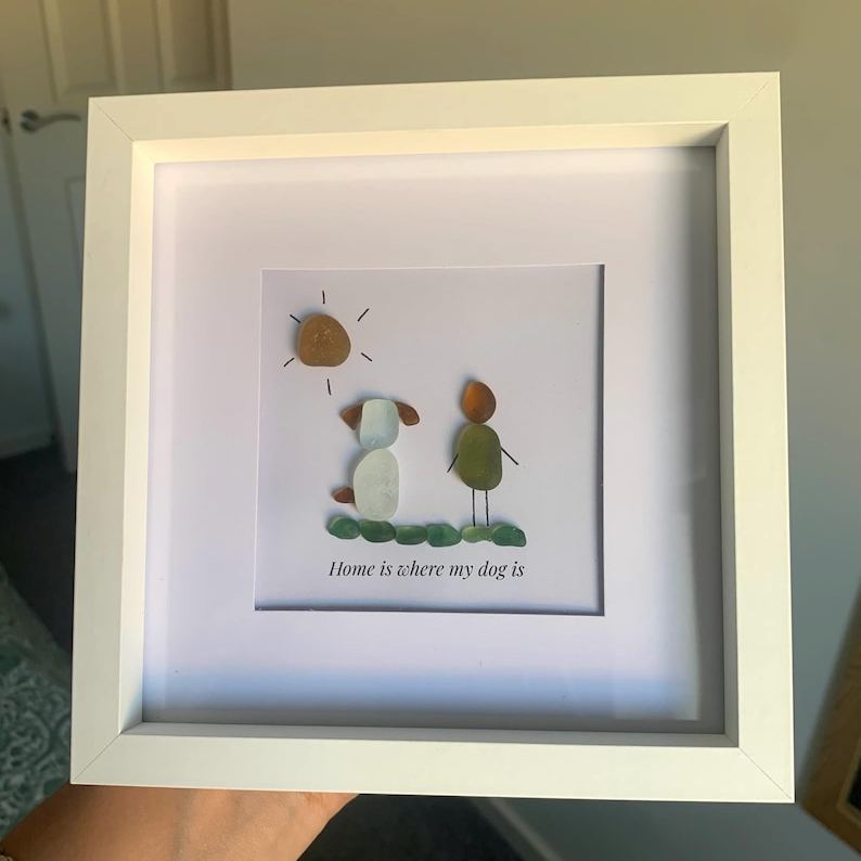 Dog and Owner Sea Glass Framed Art- Dog Memorial, Housewarming, New Dog, Dog Lover Gift