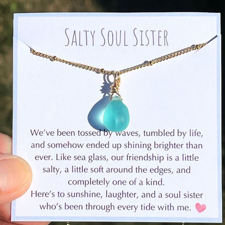 金色海玻璃灵魂姐妹项链,海玻璃友谊礼物,海洋主题首饰,闺蜜礼物,海滩爱好者项链,节日礼物