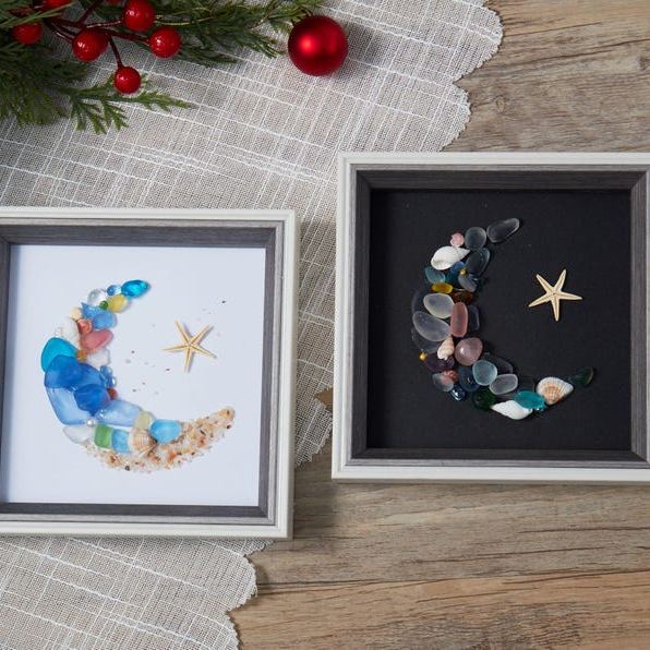 Sea Glass Moon Art Frame: Handmade Beach Decor,Friendship Gift, 5 inch Frame,Christmas gifts