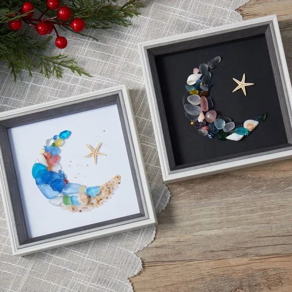 Sea Glass Moon Art Frame: Handmade Beach Decor,Friendship Gift, 5 inch Frame,Christmas gifts