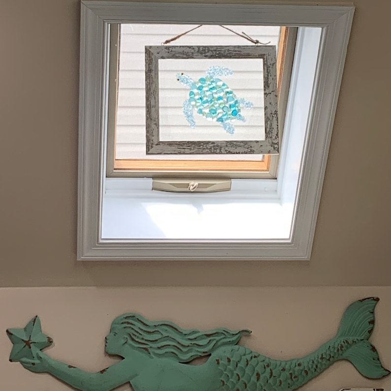 Sea Glass Sea Turtle - Sea Glass Art Mosaic - Framed Beach Art - Sea Turtle Decor - Sea Life - Nautical Bathroom Decor