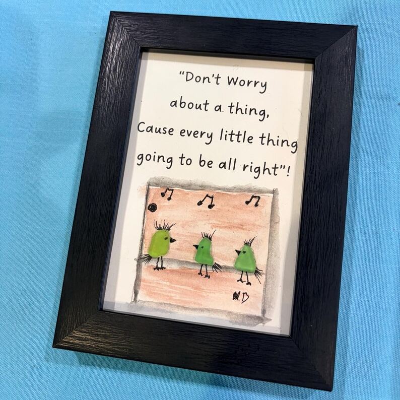 Sea Glass Bird Art – Inspirational Coastal Decor, Positive Quote Frame