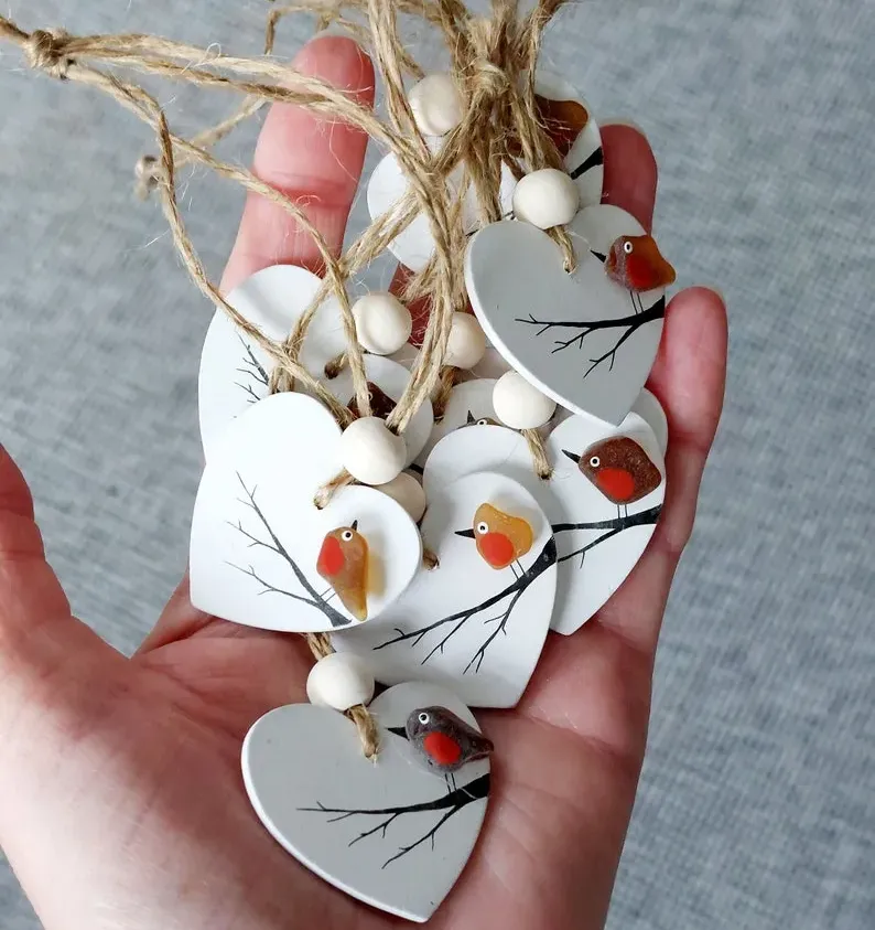 海玻璃知更鸟心形装饰 - 迷你木心上的海滩玻璃装饰，礼品标签创意，情感礼物，丧亲礼物