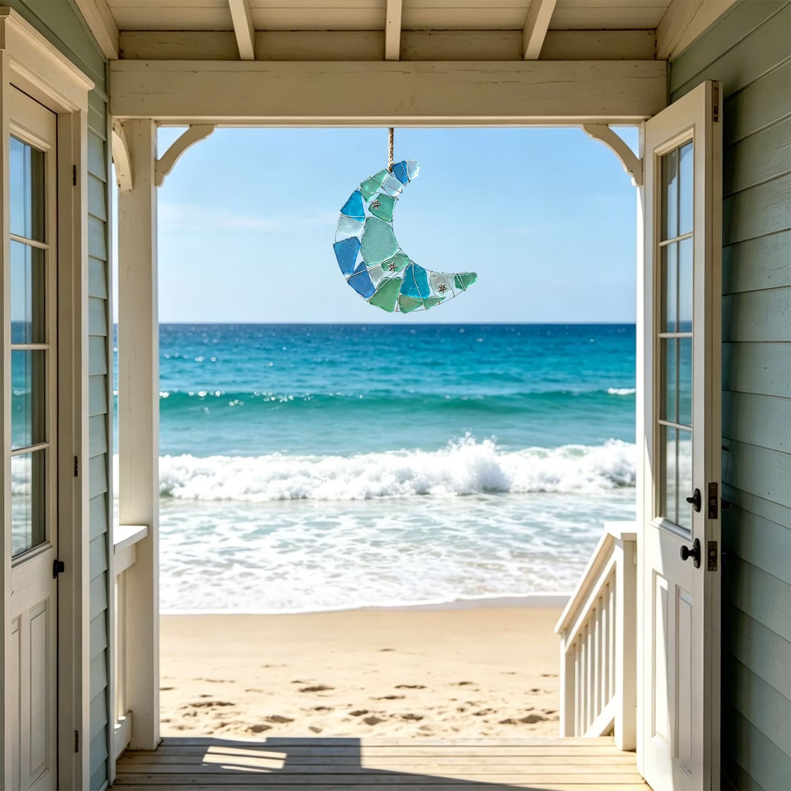 Sea Glass Suncatcher Crescent Moon with Stars