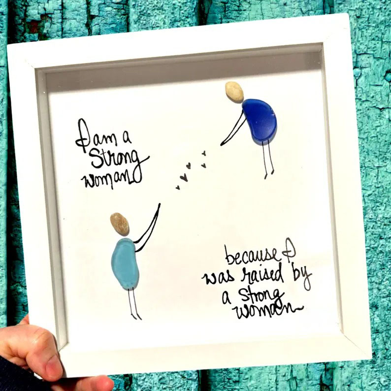 Sea Glass Art Shadow Box: Strong Woman Gift, Mother's Day, 8x8 Framed